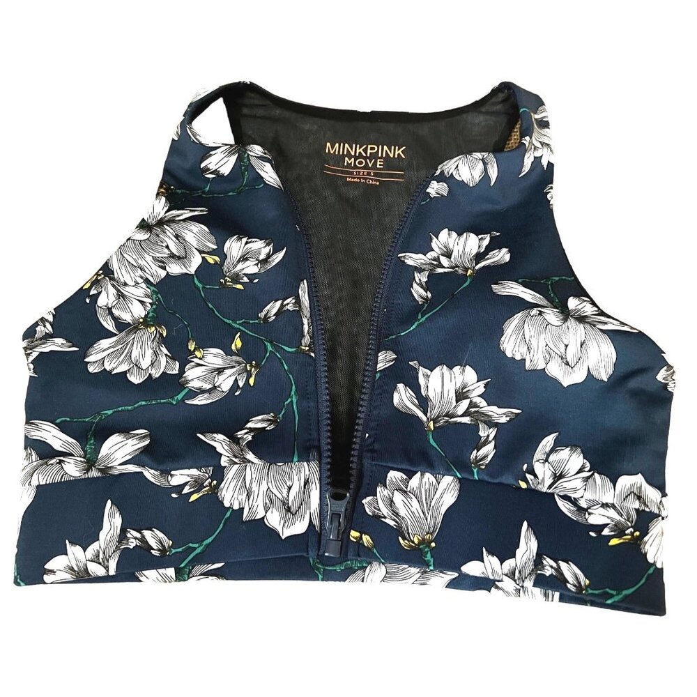 Mink Pink Move Zipper Front Sports Bra Sz Small Floral Blue Active Top